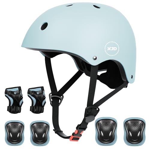 XJD Fahrradhelm Kinder Schoner Set(7er) Kinder Helm mit Knie- & Ellenbogen- & Handgelenkschützer Verstellbarer Schutz Jugend Skaterhelm für 3-13 Jahre