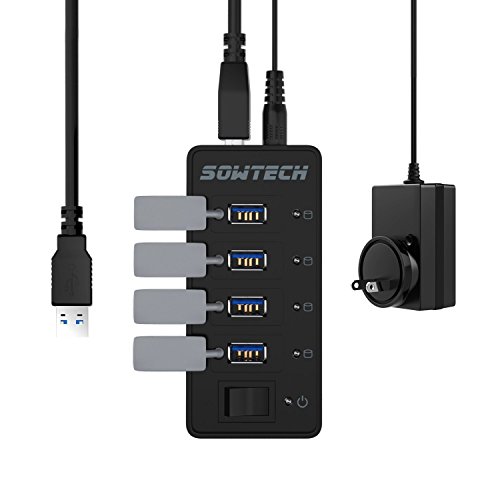 4-Port USB 3.0 Hub, SOWTECH 18W(5V/3.5A) Powered USB Hub 5Gbps Hot Swapping with Anti-dust Rubber ON/OFF Switch 3.3 Feet Cable for iMac, MacBook Air, MacBook Pro, Mac Mini, PC, Laptops