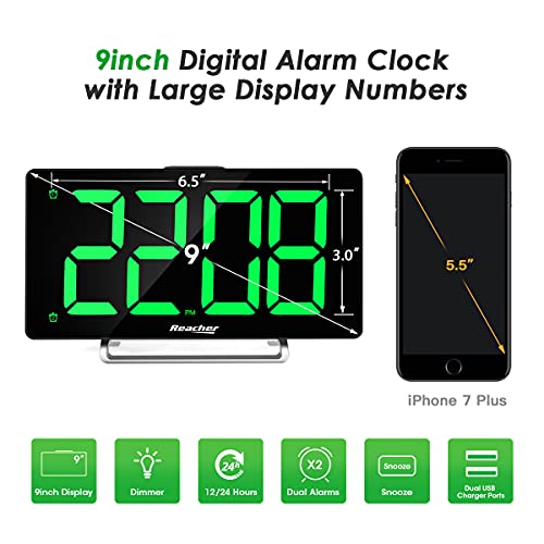 Large Alarm Clock 9" LED Digital Display Dual Alarm with USB Charger