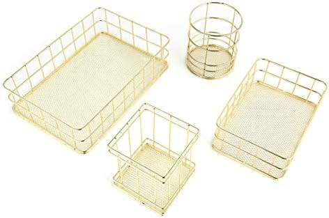AKUKA Metal Wire Mesh Basket, Rose Gold Net Pencil Stationery Organizer,for Office Bathroom Bedroom Essential Oil Storage Makeup Brushes Organizer (4 Piece Set,Gold)