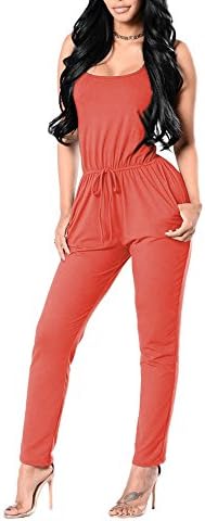 Ageena Womens Sleeveless Drawstring Cross Back Long Pants Jumpsuit Romper (X-large, Orange)