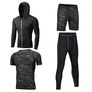 Dooxi Mens 4pcs Sports Gym Fitness Clothing Set Hoodies Jackets+Base Layers T Shirts+Loose Fitting Shorts+Compression Pants for Workout Training Running Tracksuits