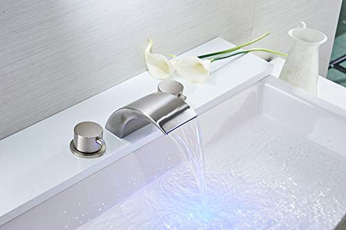 Bathfinesse 8-16 Inch LED Waterfall Widespread Bathroom Sink Faucet 3 Holes with Two Handles Commercial Brushed Nickel Lavatory Faucets
