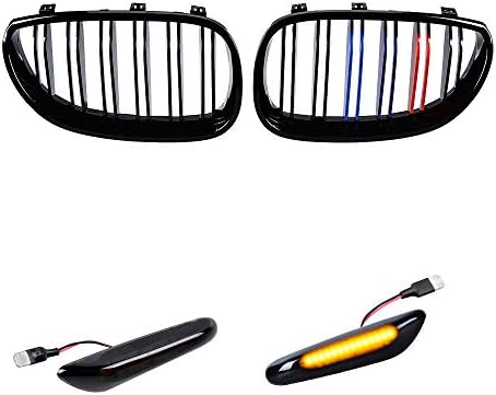 Glossy Black M-Color Painted Front Upper Grille Dual Slats & Turn Signals Side Marker Light Compatible with 2004-2010 BMW E60 E61 5 Series 4-Door