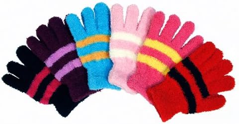 HS Winter Fuzzy Glove Stripe Line Design (size One Size) 6 Colors 6 Pairs