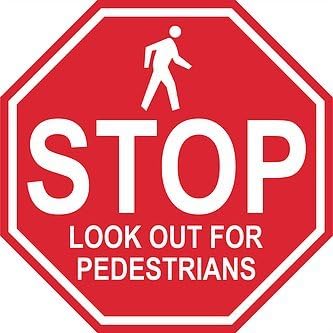 "Stop Look Out for Pedestrians” – 18in Durable Floor Sign by Graphical Warehouse Vibrant Colors - Safety and Security Signage. Red Octagon.