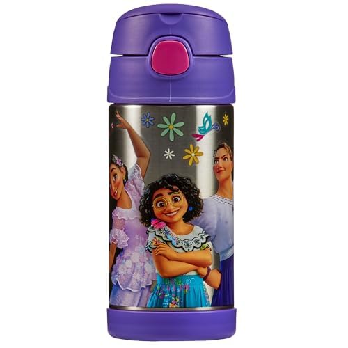 Thermos - Encanto Water Bottle (355ml) - BPA Free, Stainless Steel, Spill Proof, Pop-Up Straw, Disney Kids Flask with Personalised Name Labels & Carry Handle for 12-Hour Cold Drinks