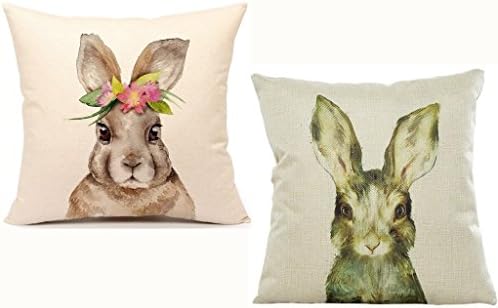 Cute Easter Rabbit Pillow Case Home Decoration Cotton Linen 18 x 18 Inch Set of 2