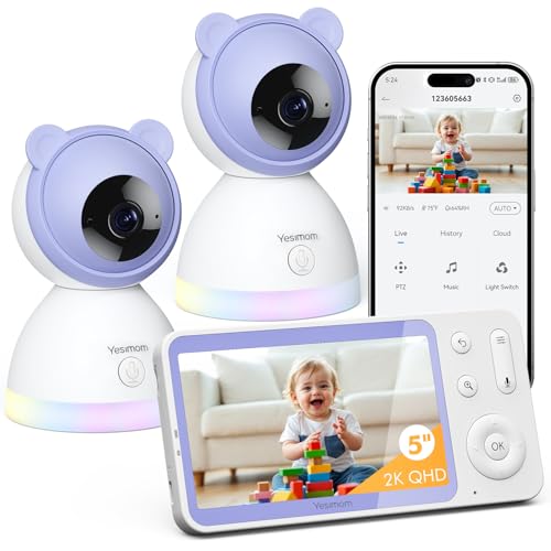 YESIMOM 2K Baby Monitor Video and Audio, Support Children Camera Control via Mobile Phone APP & 5 Inch Monitor, Newborn Video Camera with Night Light, 360° PTZ, Crying and Movement Alarms (8TM-2PCS
