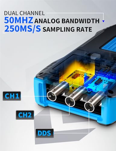 FNIRSI 2C53T Osciloscopio de mano mejorado, ancho de banda de 50 MHz, multímetro osciloscopio digital 3-en-1, generador DDS, frecuencia de muestreo de 250 MS/s, 19999 cuentas, voltaje, corriente