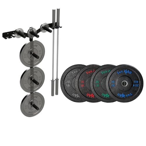Yes4All 6 Pegs & 4 Barbell Storage Racks Load Up to 1190 LBS - Wall Mounted Weight Plate Tree & Barbell Holder +2-Inch Bumper Plate (95LBS Plate Set)