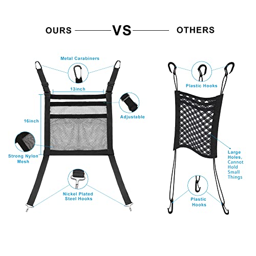 High Density 3-Layer Mesh Netting Bag for Car- Elastic Dog Car Barrier Seat Back Organizer, Car Net Pocket Handbag Holder Between Seats (Metal Hooks)