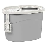IRIS USA Top Entry Cat Litter Box with Cat Litter Scoop, Gray/White TECL-20