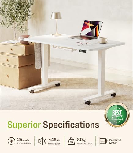 MAIDeSITe Height Adjustable Electric Lift Table, 120 x 60 cm Standing and Sitting Table with Cable Tray, Hook and Storage Pockets, Lift Table with Memory Controller