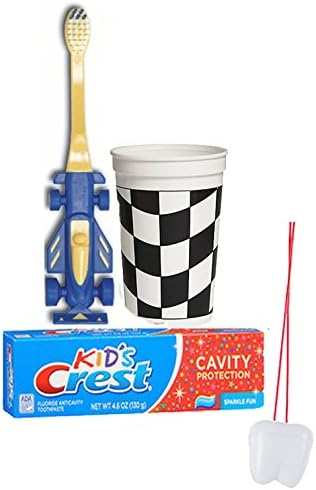 Race Car Inspired 3pc. Bright Smile Oral Hygiene Set! Manual Toothbrush, Crest Kids Sparkle Toothpaste &amp; Mouthwash Rise Cup! Plus Bonus "Remember to Brush" Visual Aid!