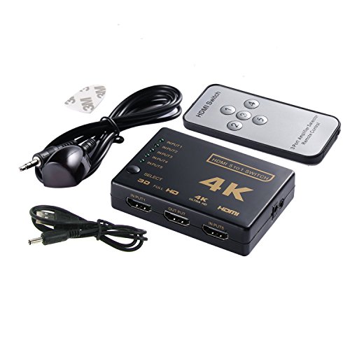 HDMI Switch 4K Intelligent 5-Port HDMI Switch, 5 in 1 out HDMI Switcher HDMI Splitter with IR Wireless Remote, High Speed HDMI Converter, support Full 3D 4k x 2k for HDTV/ DVD/ STB/ PC /Projector