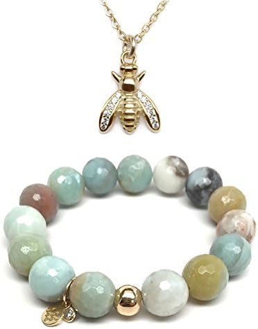 Set 12mm Green Amazonite Lauren 7" S. Bracelet 12mm Bee CZ Charm 16" 14k Over Brass Neck