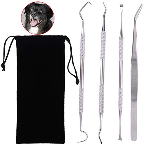 Xgood 4 Pieces Dog Tooth Scaler Tools Set Pet Dental Tooth Scaler and Scraper Stainless Double Headed Pet Teeth Cleaning Tools Tartar Remover Sets with Black Bags for Pet Dogs Cats (A)