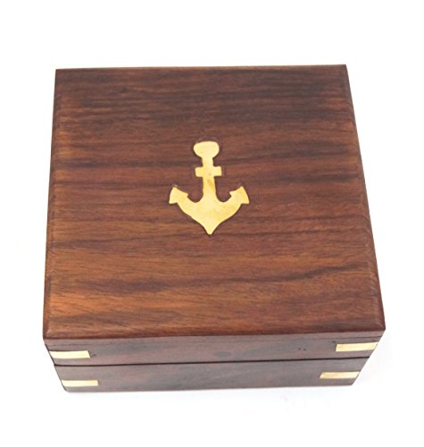 INDIA OVERSEAS TRADING CORP 4.5" Sundial Compass With Teak Wood Box Inlaid With Solid Brass