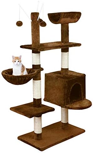 Wellhome Cat Tree Cat Climbing Tower Furniture Kitten Activity Centre Scratch Post Sisal Covered with Hammock Balls 131cm Classical Brown