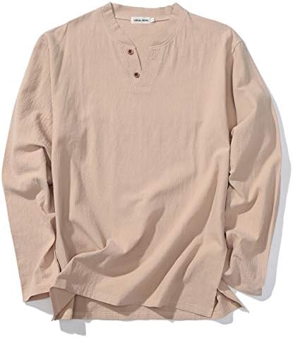 Men’s Linen&Cotton V Neck Long Sleeve T Shirts Casual Tee
