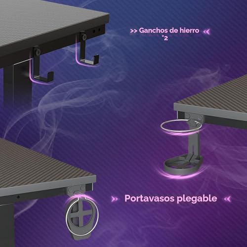 Escritorio Gaming 106.6CM LED Escritorio de Ordenador con Soporte de Monitor Estación de Trabajo Gamer con Portavasos Ganchos para Auriculares para el Hogar Oficina Dormitorio Pequeño Espacio