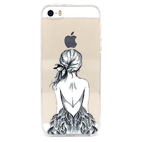 iPhone 5 Case, iPhone 5s Case, JAHOLAN Amusing Whimsical Designs Clear TPU Soft Case Rubber Silicone Skin Cover for iPhone 5/5S/SE - Henna Feather Girl