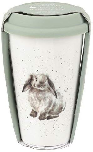 Rabbit Brown White Green Ceramic TRAVEL MUG with Silicone LID H15.5CM X W9.5CM
