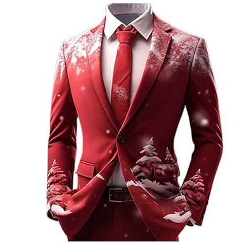 Christmas Suits Jackets for Men UK, Ugly Christmas Blazer Jacket Snowflake Xmas Printed Tuxedo Lapel Single Button Long Sleeved Suit Sports Coat with Pocket Suitable for Men Festive Costume