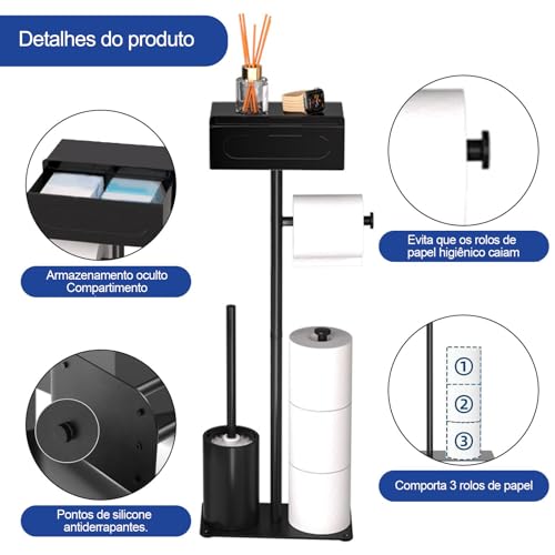 Porta Papel Higienico,Suporte Papel Higienico, Suporte para Papel Higiênico, Papeleira de Chão C/porta Objeto, Porta-papel Higiênico Multifuncional 4 Em 1, Conjunto de Armazenamento