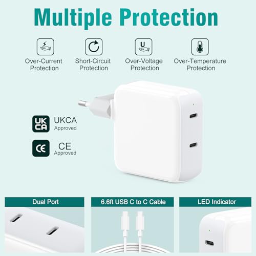67W USB C Charger Compatible with MacBook Air MacBook Pro 13 14 15 16 Inch 2024 2023 2022 2021 2020 2019 2018, 2024 iPad Pro Air, 2Ports Power Supply with 2M/6.6FT Charging Cable