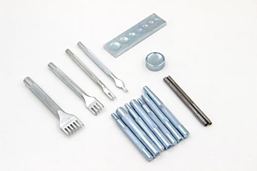 Taousa 70473 Leathercraft Tool Punch Snap Kit with Base, Stainless Steel 4mm 1/2/4/6 Prong DIY Diamond Lacing Stitching Chisel Set Leather Craft Hole Punch Tools, Pack of 15