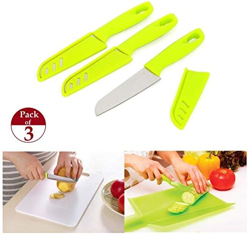VESZON® Stainless Steel with Plastic Handle Fruit and Vegetable Knife with Blade Cover 3 Piece Knives Set for Kitchen Meat Fish Vegetables Fruits Cutting Slicing (Color May Vary)