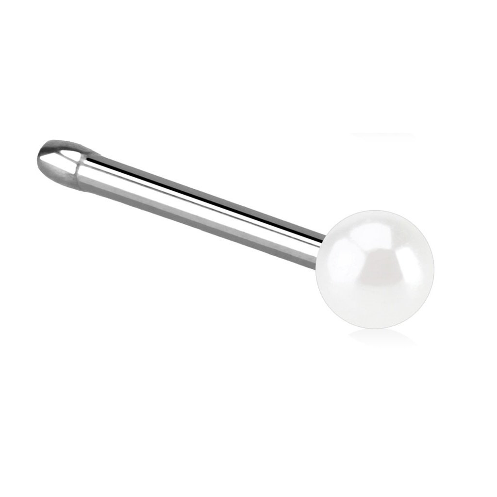 PiercedOff 316L Surgical Steel Nose Bone Stud with White Imitation Pearl Ball - Thickness 20GA (0.8mm) / Length 6mm / Pearl Ball Size 2mm
