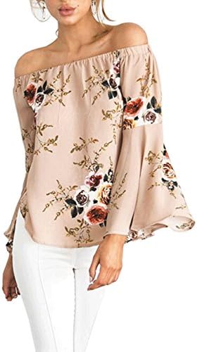 HONEY BOUTIQUE Women's Casual Floral Off The Shoulder Bell Sleeve Chiffon Blouse Shirt Tops (S, Pink)