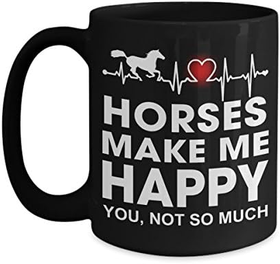 Great Gift for Special Occasion - Heartbeat Horses Make Me Happy Black Coffee Mug - 11-oz 15-oz Large Ceramic Novelty Cozy C-Shape Easy to Rip Handle Pony Mini Horse Tea Cup
