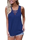 FARYSAYS Women's Summer Sleeveless V Neck Lace Up Criss Cross Cami Tank Tops,Blue,(US 8-10)M