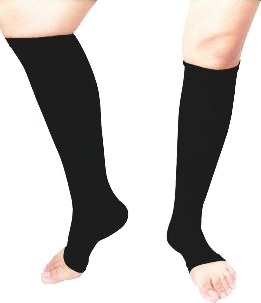 Pedimend Open-Toe Knee High Compression Socks | Constructed with Soft Yarn | Toe Less Knee Support Stockings Hose for Swelling, Varicose Veins, Lymphedema, Travel, Sports, Work or Home (Black)