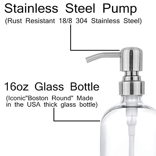2 Pack Thick Clear Glass Pint Jar Soap Dispenser with Silver Stainless Steel Pump, 16ounce Clear Boston Round Bottles Dispenser with Rustproof Pump for Essential Oil, Lotion Soap - Thumbnail 3