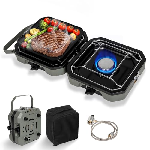 2 Burner Propane Camping Stove with Grill, 14000 BTU Portable Foldable Camp Stove with Steel Braided Hose and Carrying Bag, Adjustable Burners, Suitable for Backyard BBQs Camping and Outdoor Cooking