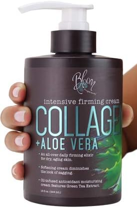 Bloom Collagen Firming Cream for Body and Face. Intensive moisturizer with Aloe Vera, and Green Tea extracts for sagging, aging, and dry skin. Large 15 Fl oz (444 mL) jar with pump. (15oz)