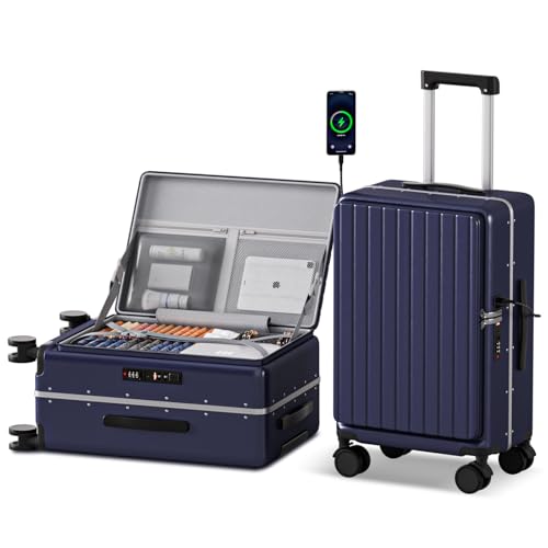 SKYROMER 20 Inch Carry On Luggage 22x14x9 Hard Shell Spinner Suitcase Top Opening Aluminum Frame Travel Luggage Suitcases for Woman Men Gifts (Blue)
