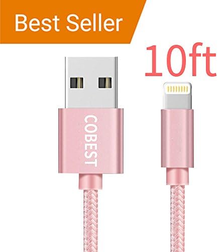 iPhone Charger Lightning Cable 10ft Nylon Braided Charging Cord Lightning Cable Certified to Charging for iPhone 7/7 Plus/6/6 Plus/6S/6S Plus/5/5S/5C, SE, iPad Mini/Air/Pro, iPod (Rose Gold )