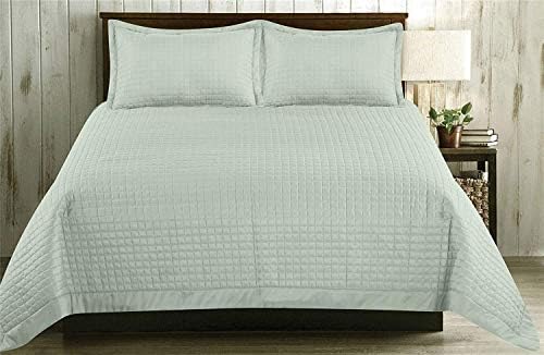 Block Pattern Duck Egg Blue 220CM X 250CM Quilted BEDSPREAD