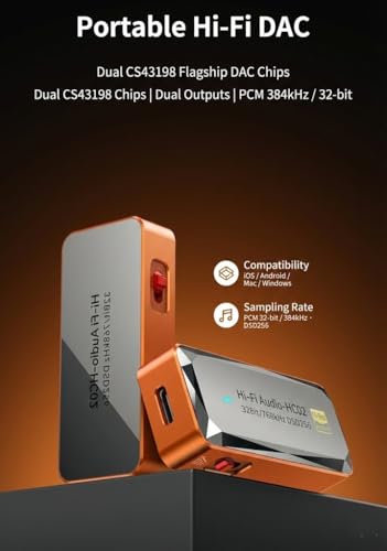 Pisendra DAC USB C Amplificador de Auriculares, Dongle DAC Portátil CS43198, 3,5 mm y 4,4 mm, Hi-Res 32 bits/768 kHz, DSD256, Adaptador Audio para IEM, Smartphone, Tablet y PC, Naranja | DAC USB C CS43198, Hi-Res, salidas 3,5 mm y 4,4 mm