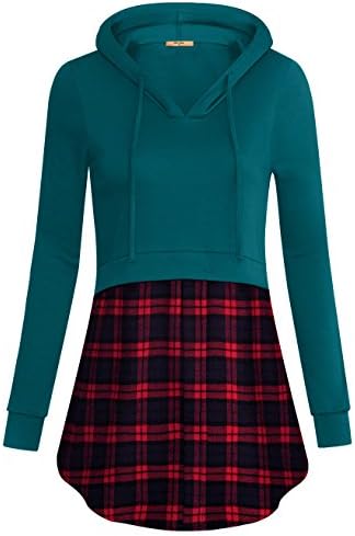 MCKOL Women's Plaid Hem Pullover Hoodies V Neck Long Sleeve Tunic Sweatshirt Run Small