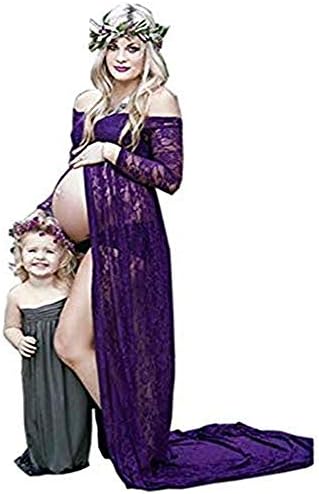 Photography Dresses for Photoshoot Long Sleeve Maternity Off Shoulder Lace Gown Split Front Maxi Pregnancy
