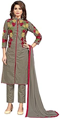 AnK Women's Cotton Embroidered Semi Stitched Salwar Suit with Dupatta (Coffee Mojito, Grey, Free Size)