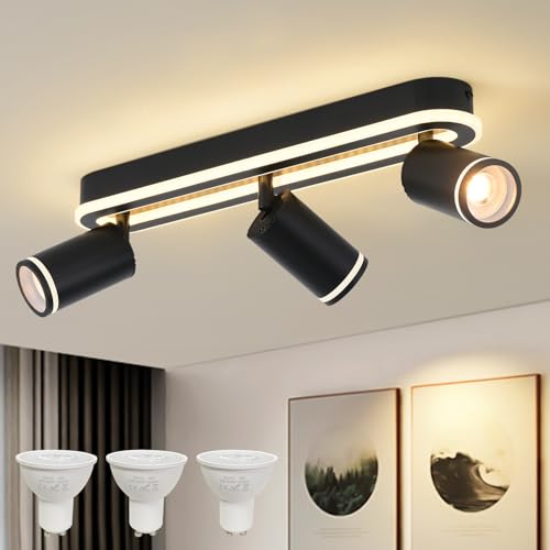 Mycul Led Deckenstrahler 3 Flammig Schwenkbar 350°, Deckenleuchte Mit Unteres Glühen 27W+3X5W Gu10 Spots,3000K Warmweiß Deckenspot Strahler,Modern Deckenlampe Lampe,Spotleuchte Für Küche,Wohnzimmer