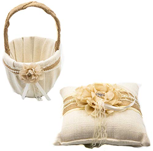 Stephanie Imports Rustic Ring Pillow with Matching Flower Basket Wrapped in Lace Fabric & Burlap with Pearls